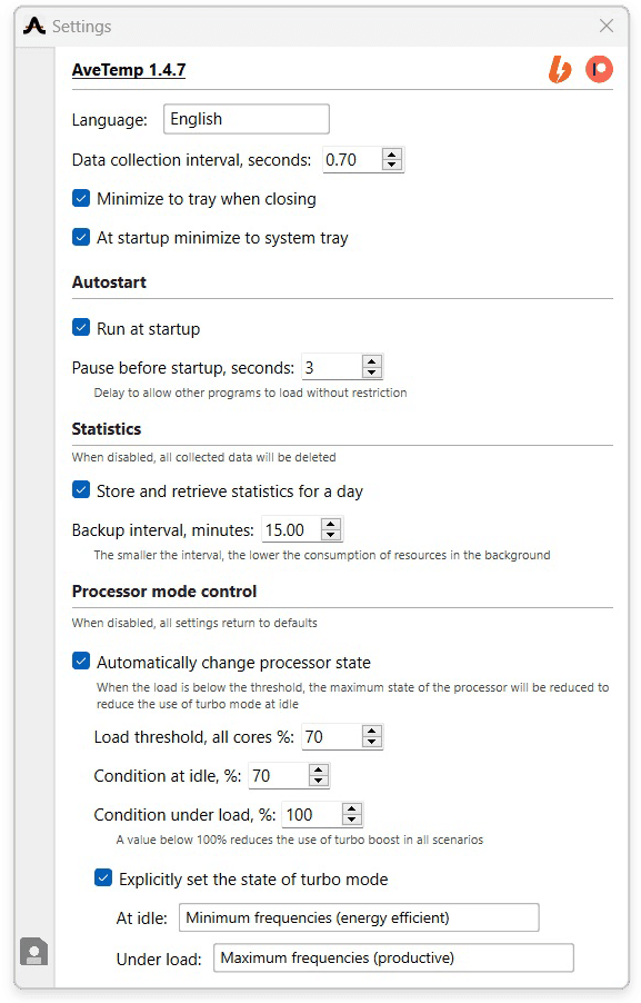 Окно настроек AveTemp